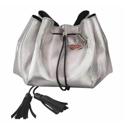 Donna May Vegan Drawstring Bag - Silver (PINK LINING)