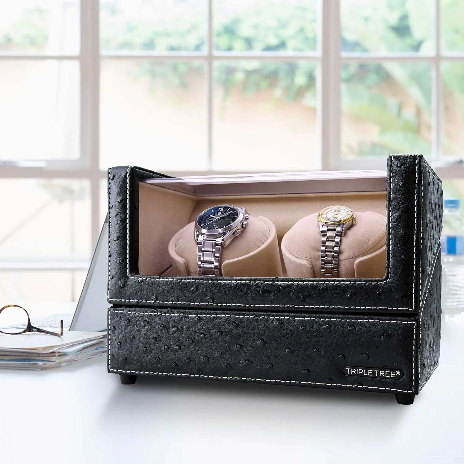 Double Automatic Watch Winder in Black Leather
