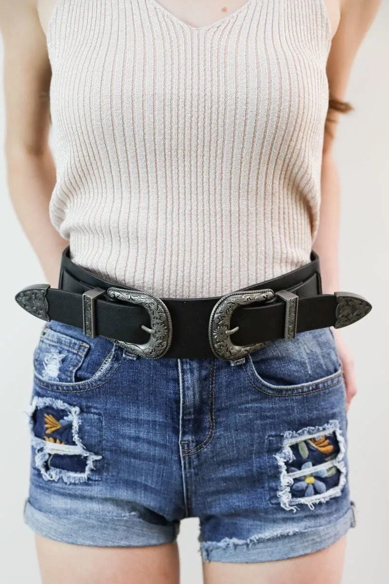 Double Western Buckle Belt with Elastic Waistband