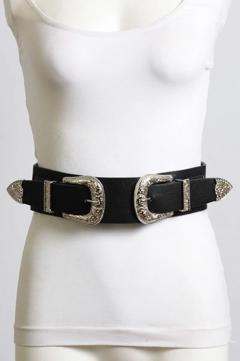 Double Western Buckle Belt with Elastic Waistband