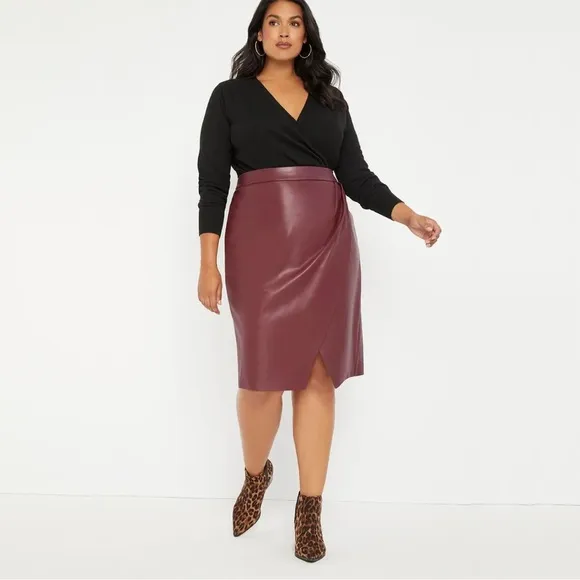 Eloquii Faux Leather Wrap Skirt in Burgundy (Maroon)