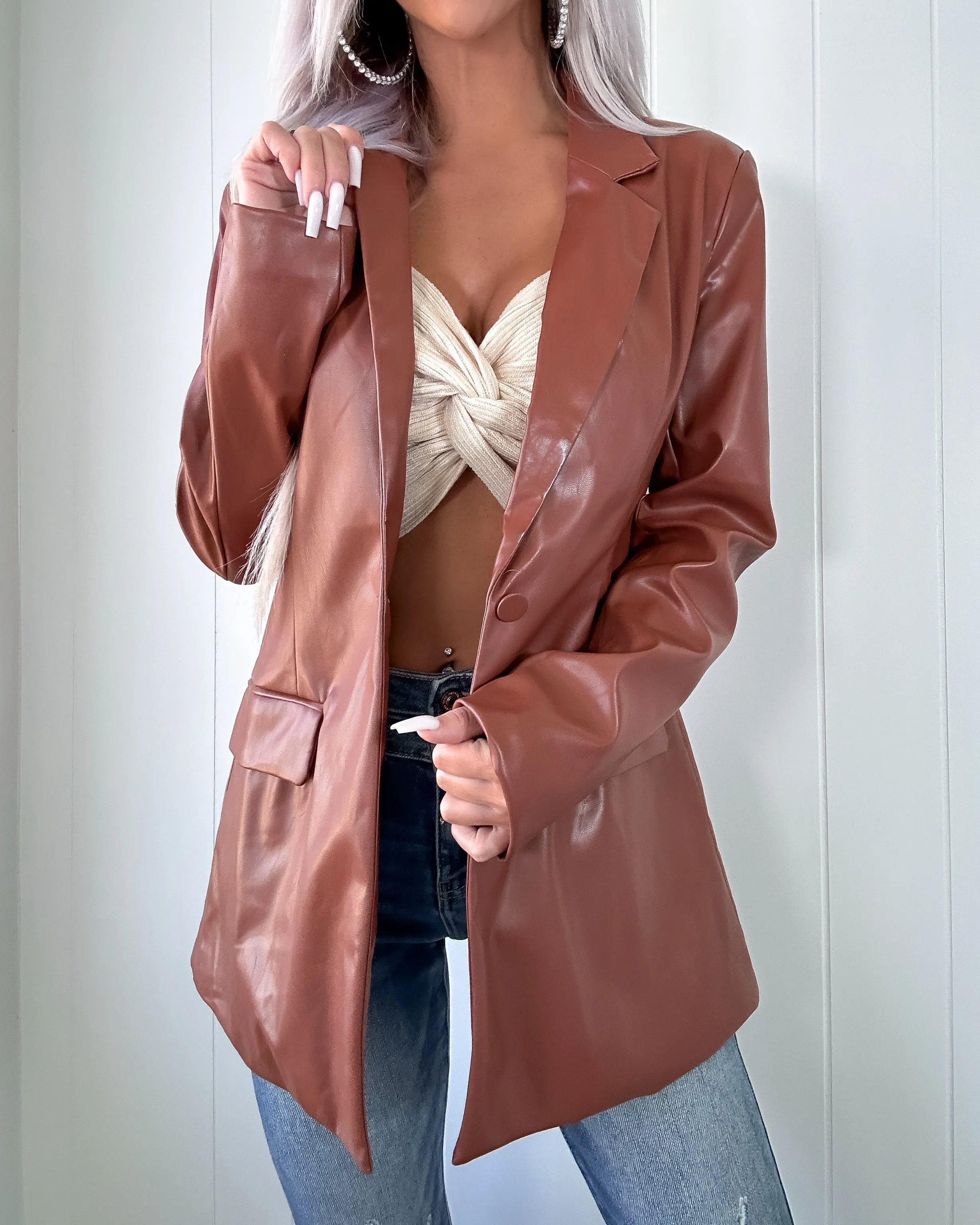 Fabulous Approach Faux Leather Blazer - Brown