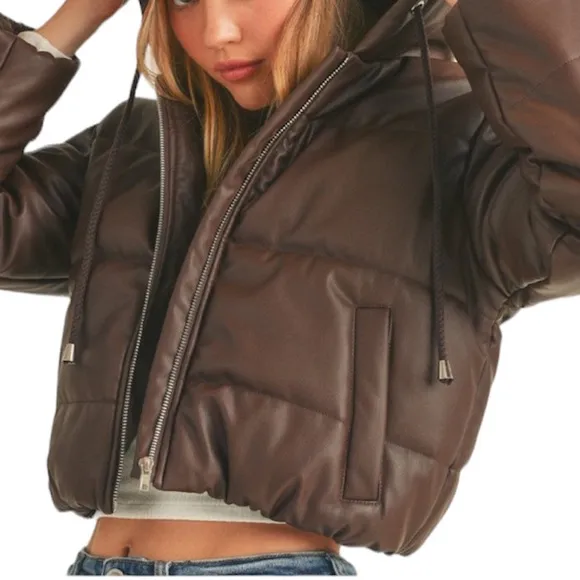 FAUX LEATHER HOODED PUFFER JACKET - DARK BROWN