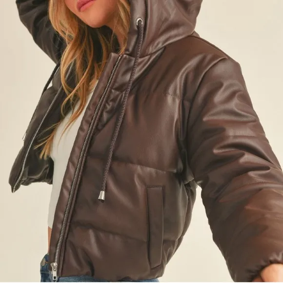 FAUX LEATHER HOODED PUFFER JACKET - DARK BROWN