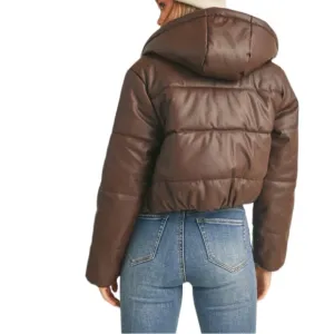 FAUX LEATHER HOODED PUFFER JACKET - DARK BROWN