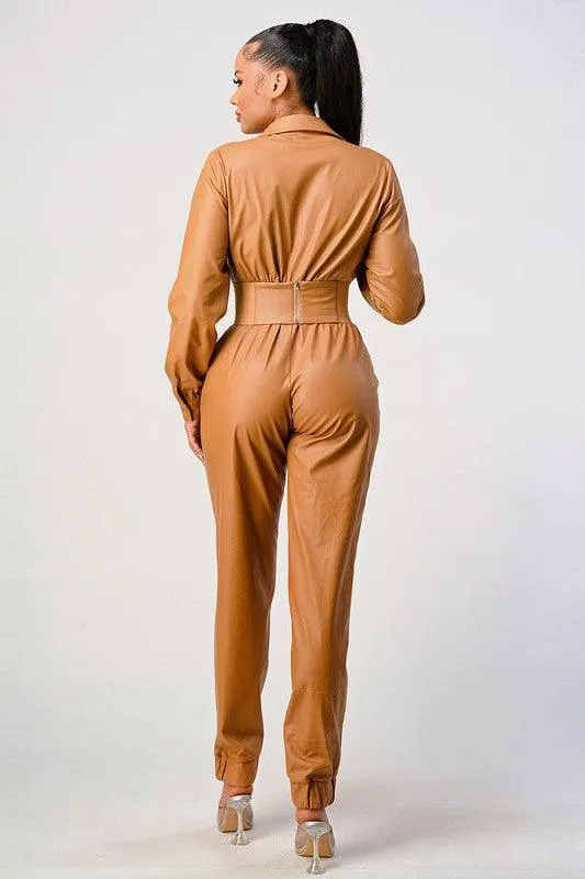 FAUX LEATHER JUMPSUIT WITH CORSET BELT