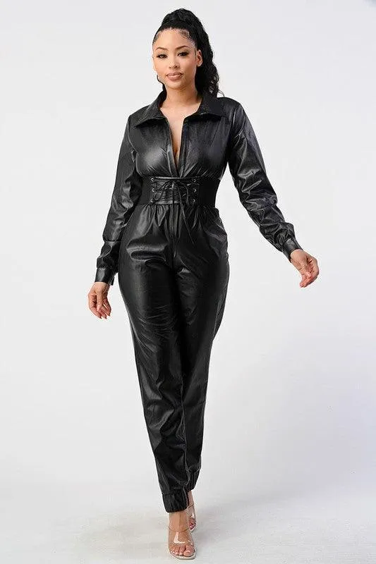 FAUX LEATHER JUMPSUIT WITH CORSET BELT