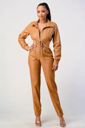 FAUX LEATHER JUMPSUIT WITH CORSET BELT