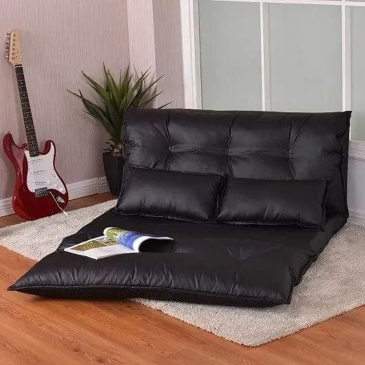 Foldable PU Leather Leisure Floor Sofa Bed with 2 Pillows-Black - Color: Black