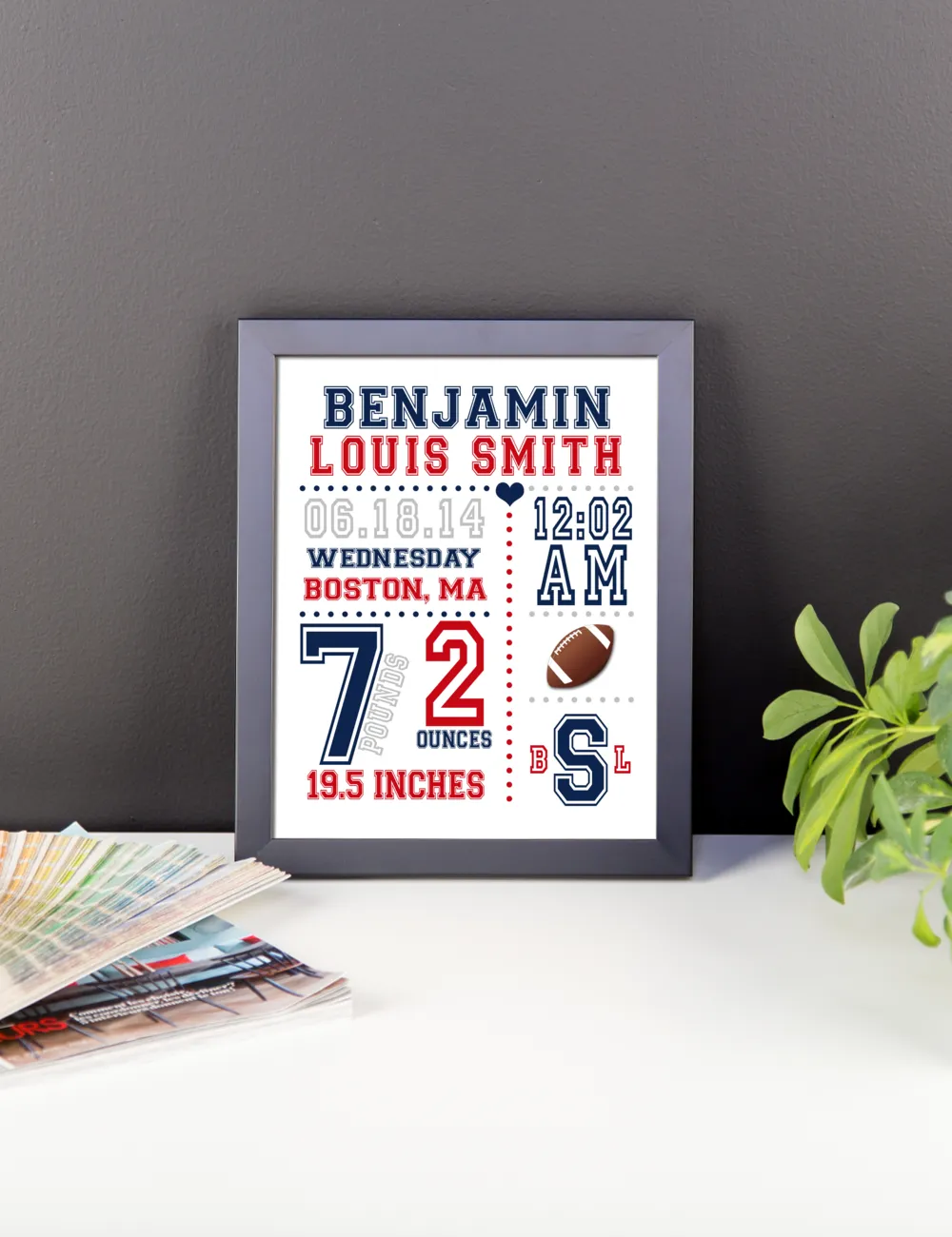 Football Sports Baby Birth Stats Nursery Wall Art