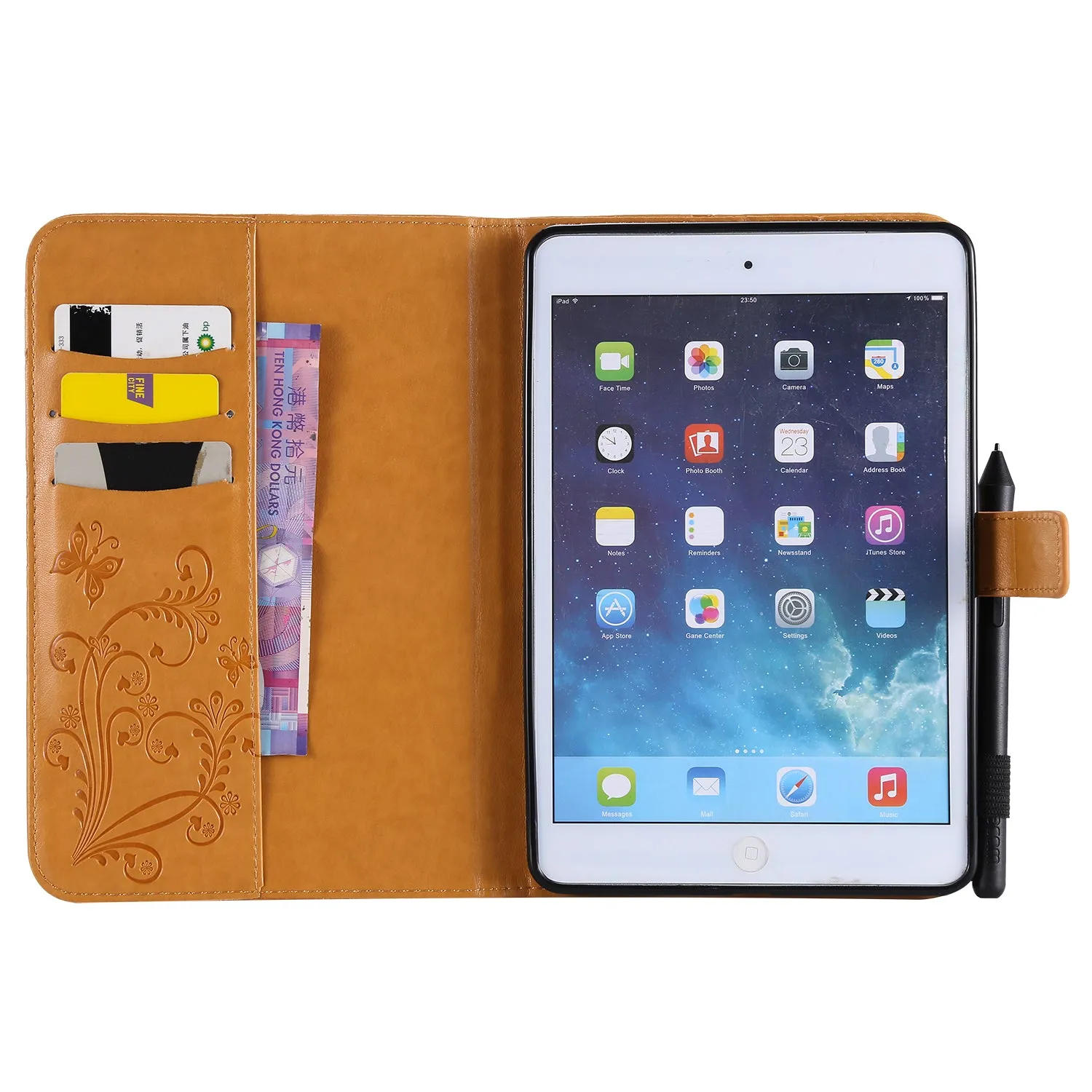 For iPad mini 1/2/3/4 Fashion Butterfly Embossed PU Leather Magnetic Closure Stand Case Auto Wake/Sleep Cover with Pen Slot green