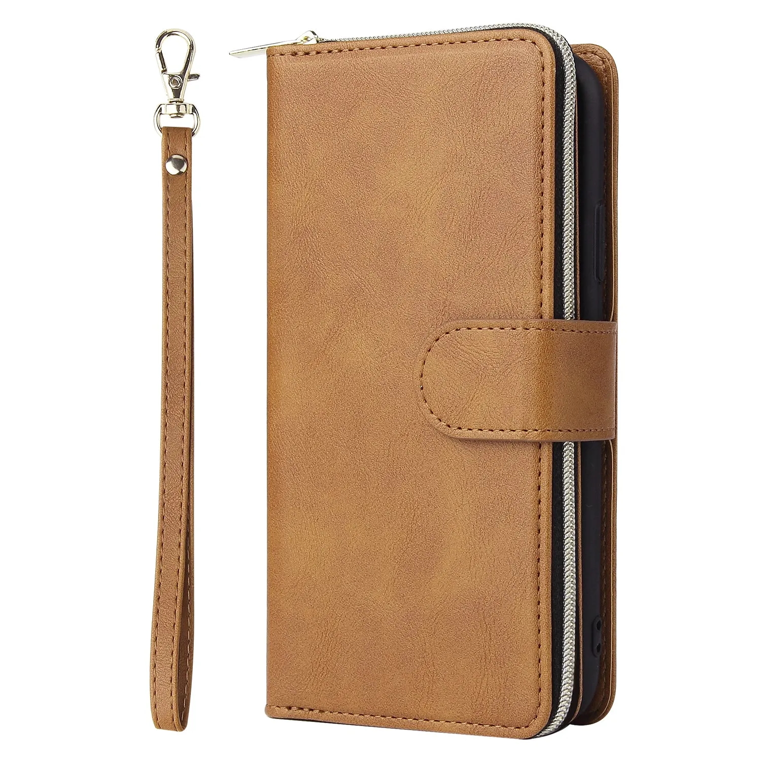 For iphone X/XS/XS MAX/11/11Pro Pu Leather  Mobile Phone Cover Zipper Card Bag   Wrist Strap brown