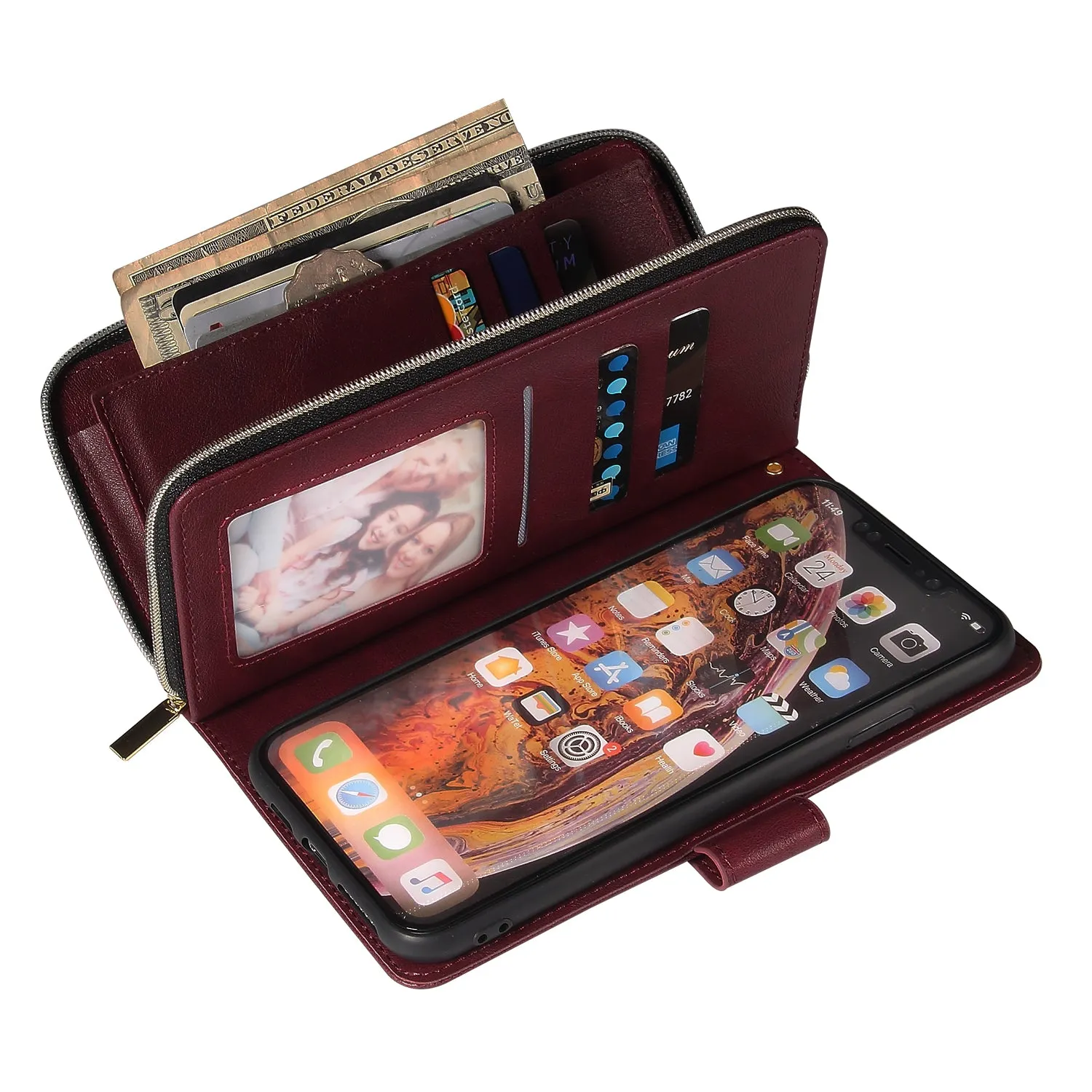 For iphone X/XS/XS MAX/11/11Pro Pu Leather  Mobile Phone Cover Zipper Card Bag   Wrist Strap Red wine