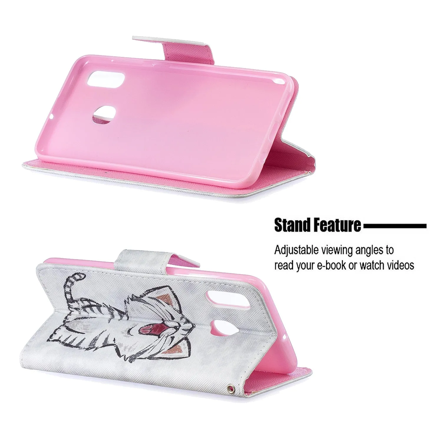 For Samsung A10/A20/A30 Smartphone Case PU Leather Wallet Design Cellphone Cover with Card Holder Stand Available Red lip cat