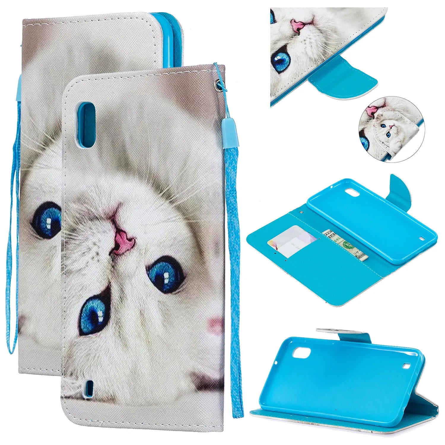 For Samsung A10/A20/A30 Smartphone Case PU Leather Wallet Design Cellphone Cover with Card Holder Stand Available Red lip cat