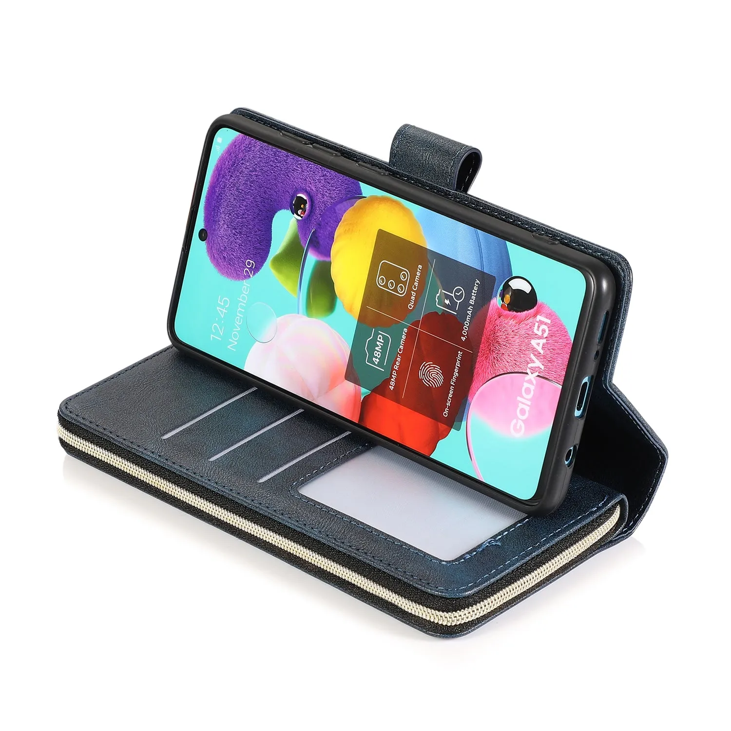 For Samsung A51 5G/A71 5G/Note 10 pro Pu Leather  Mobile Phone Cover Zipper Card Bag   Wrist Strap black