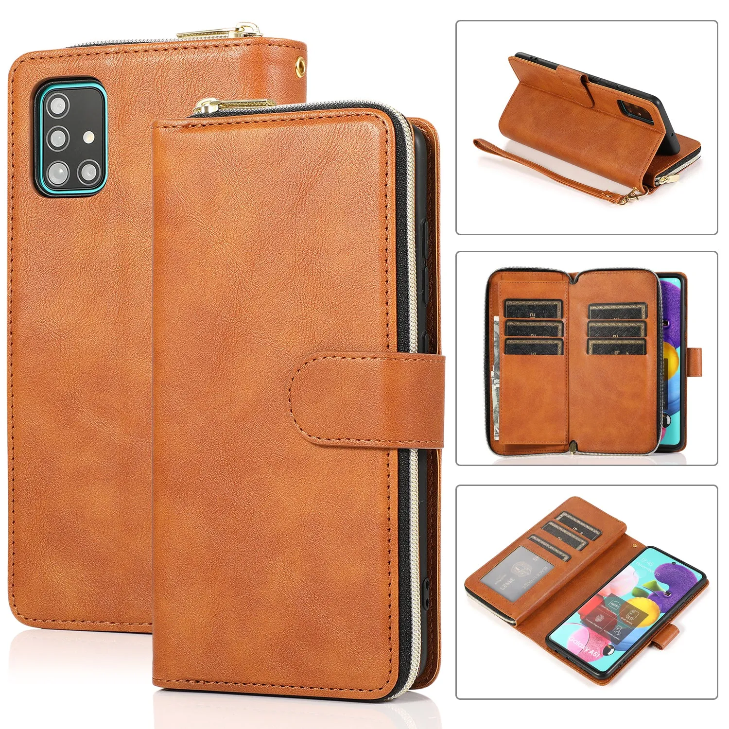 For Samsung A51 5G/A71 5G/Note 10 pro Pu Leather  Mobile Phone Cover Zipper Card Bag   Wrist Strap black