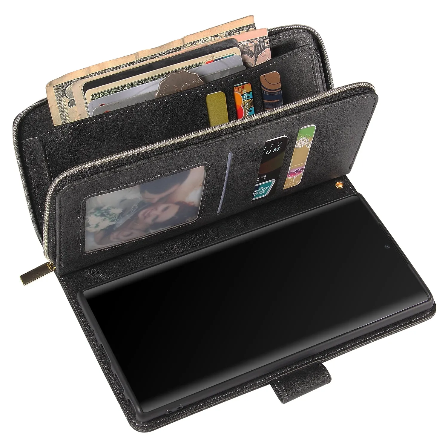 For Samsung A51 5G/A71 5G/Note 10 pro Pu Leather  Mobile Phone Cover Zipper Card Bag   Wrist Strap black