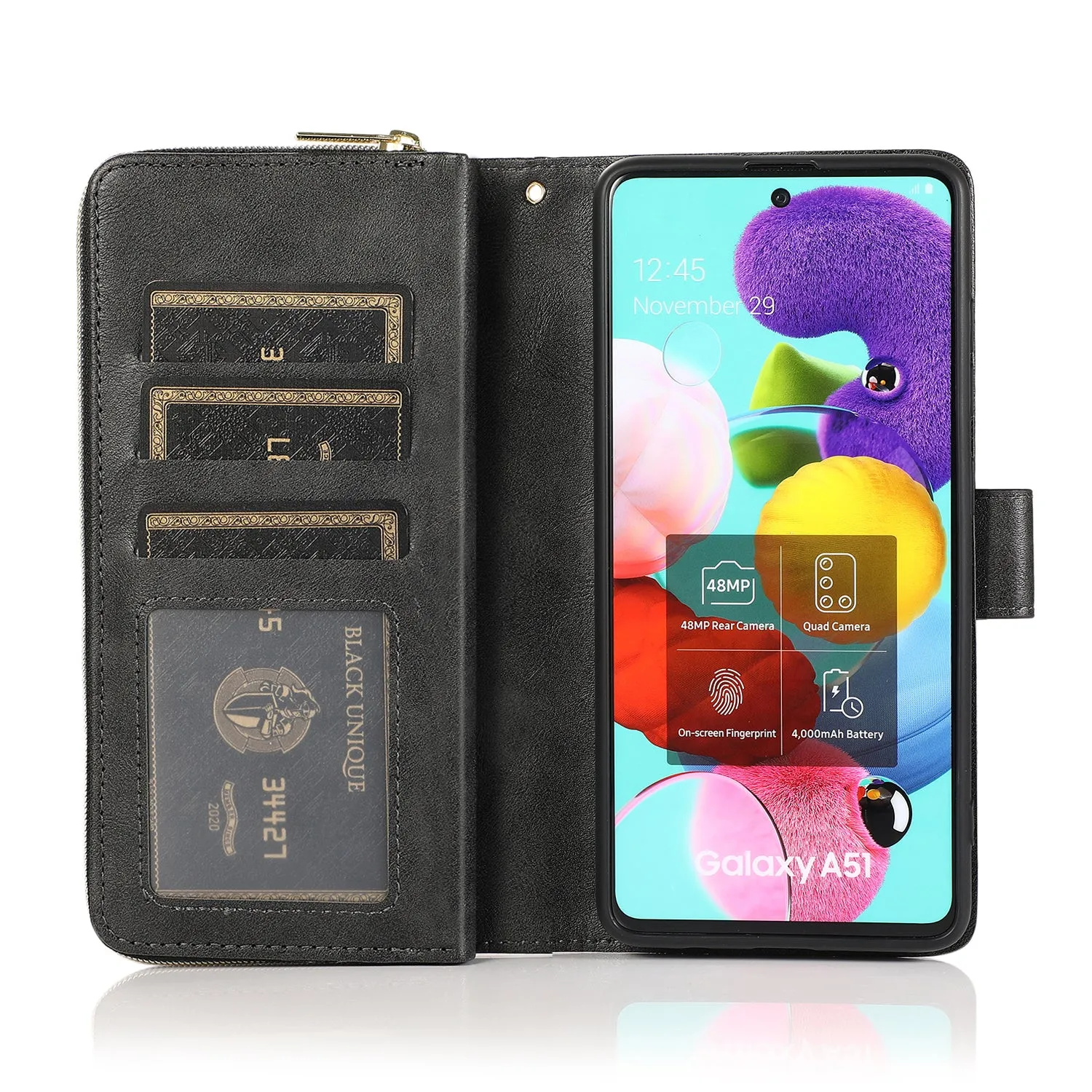 For Samsung A51 5G/A71 5G/Note 10 pro Pu Leather  Mobile Phone Cover Zipper Card Bag   Wrist Strap black
