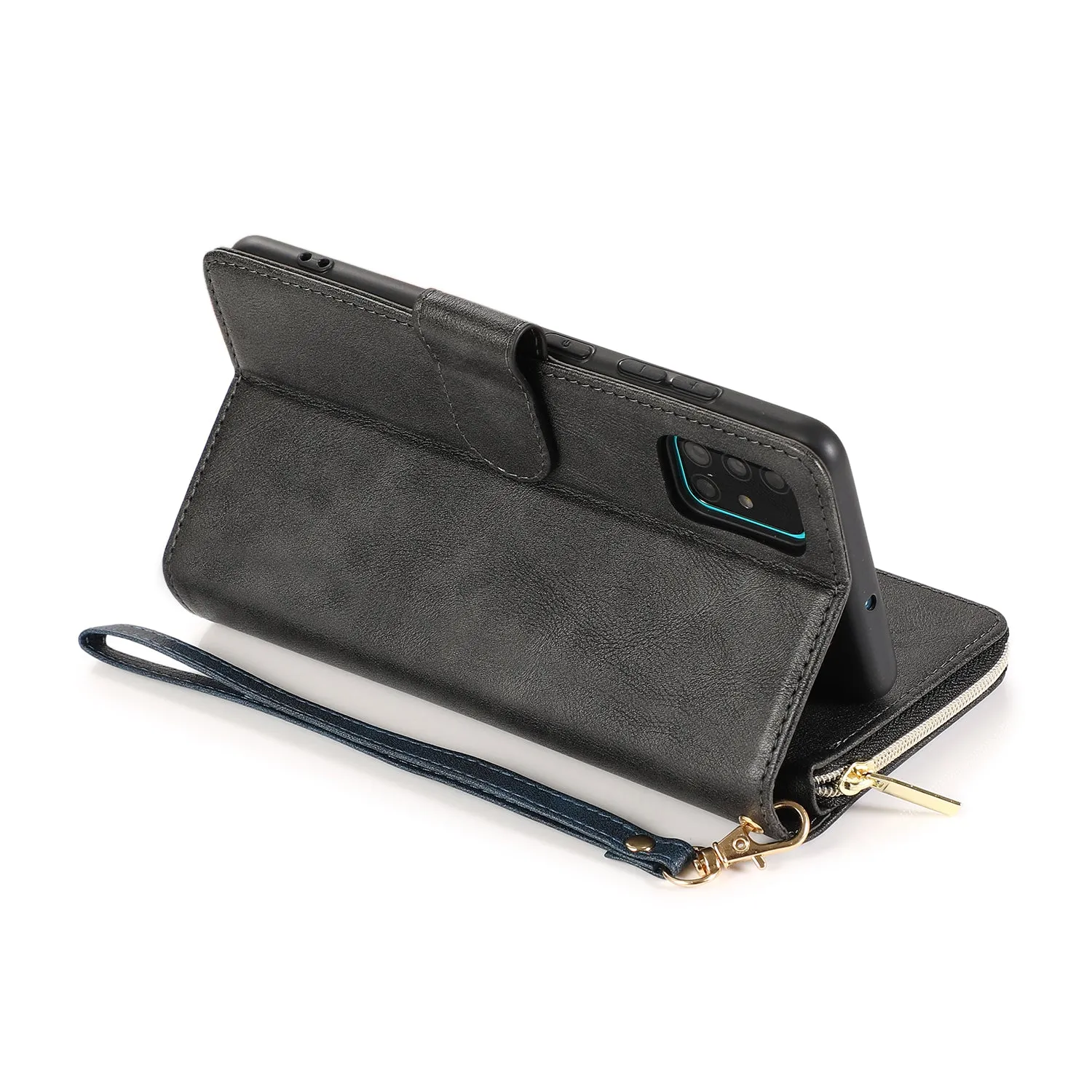 For Samsung A51 5G/A71 5G/Note 10 pro Pu Leather  Mobile Phone Cover Zipper Card Bag   Wrist Strap black