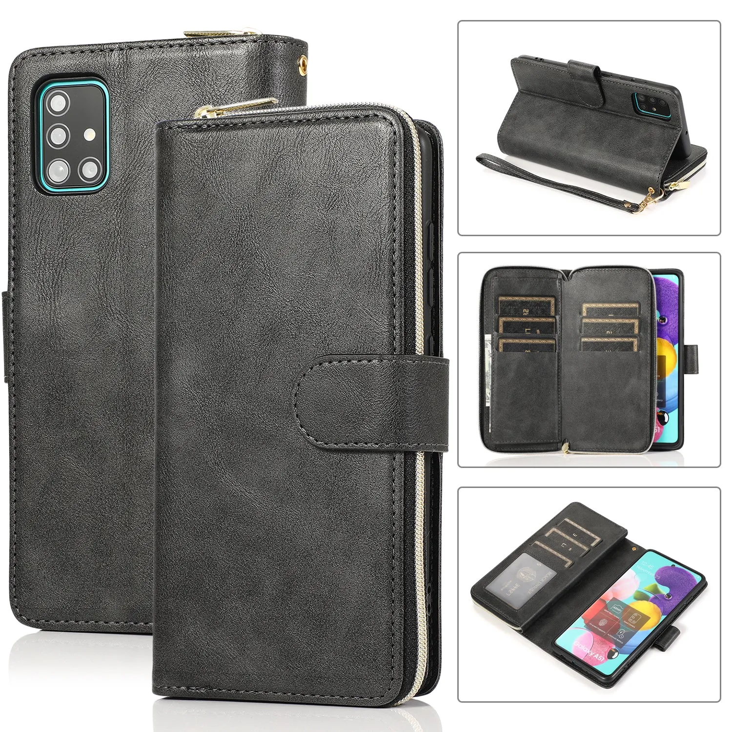 For Samsung A51 5G/A71 5G/Note 10 pro Pu Leather  Mobile Phone Cover Zipper Card Bag   Wrist Strap black