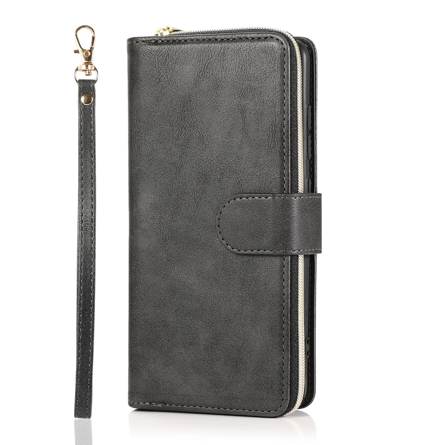 For Samsung A51 5G/A71 5G/Note 10 pro Pu Leather  Mobile Phone Cover Zipper Card Bag   Wrist Strap black