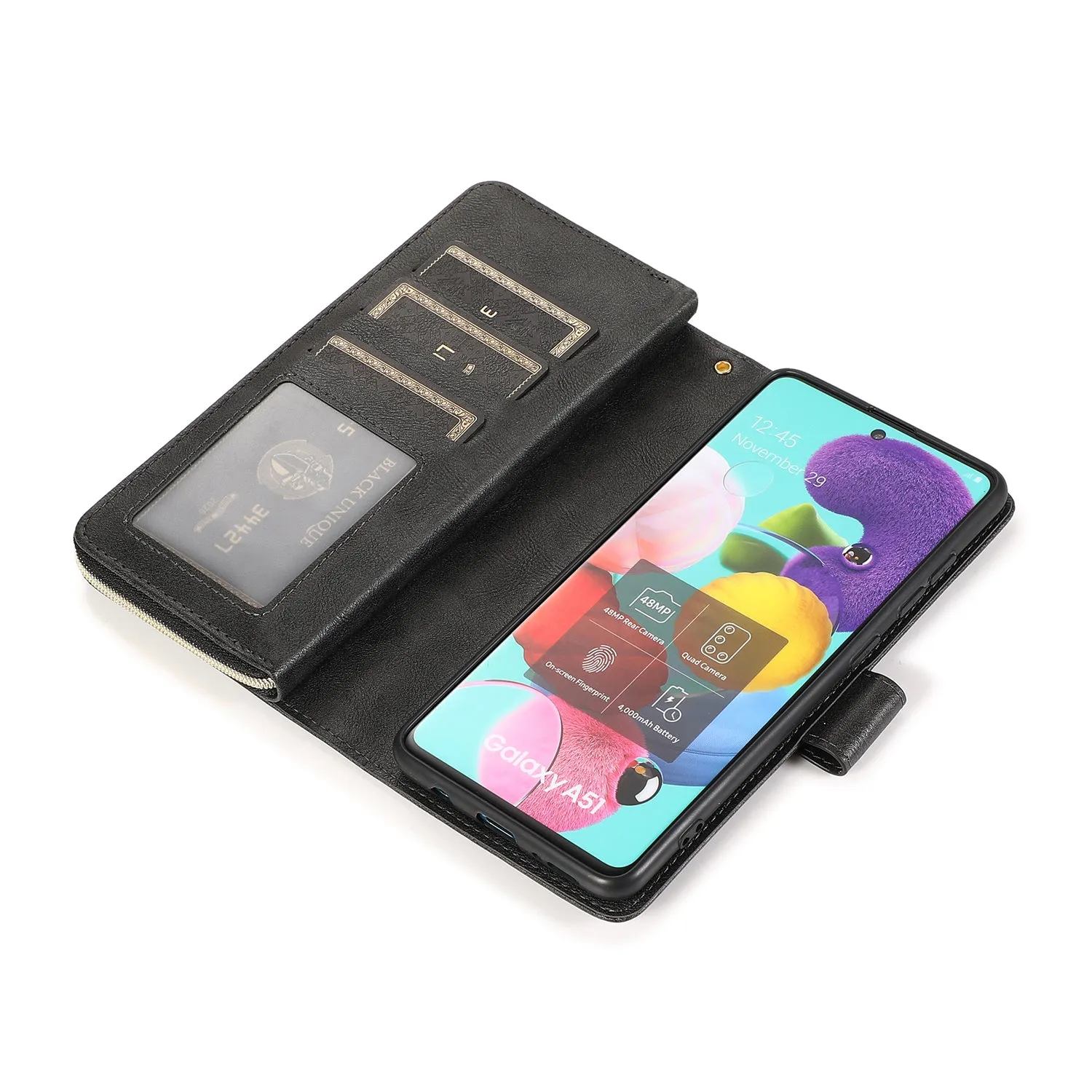 For Samsung A51 5G/A71 5G/Note 10 pro Pu Leather  Mobile Phone Cover Zipper Card Bag   Wrist Strap black