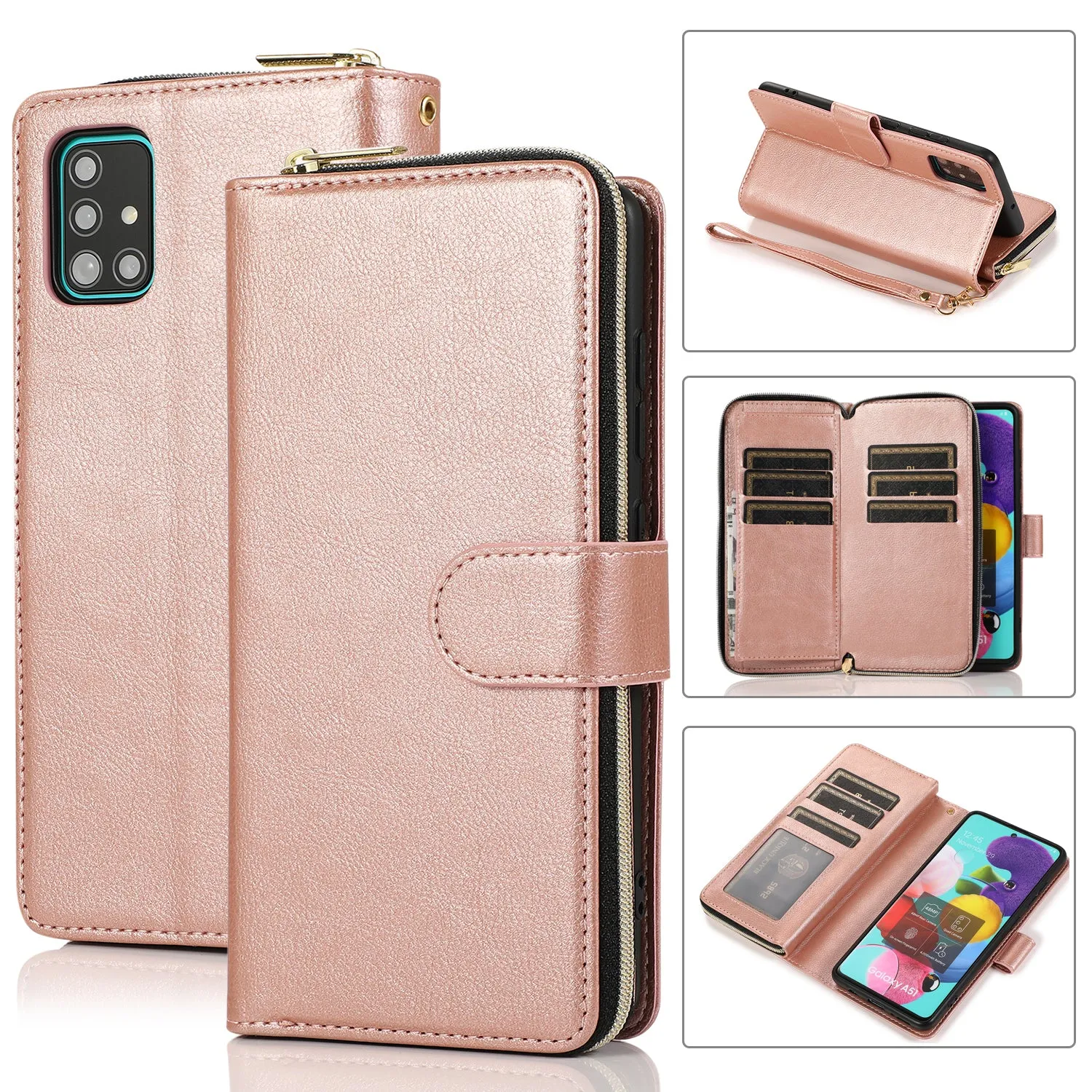 For Samsung A51 5G/A71 5G/Note 10 pro Pu Leather  Mobile Phone Cover Zipper Card Bag   Wrist Strap black