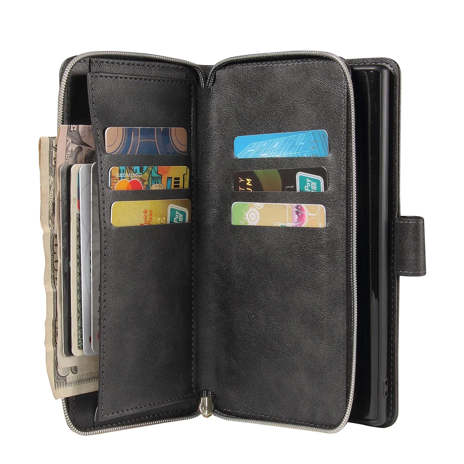 For Samsung A51 5G/A71 5G/Note 10 pro Pu Leather  Mobile Phone Cover Zipper Card Bag   Wrist Strap black