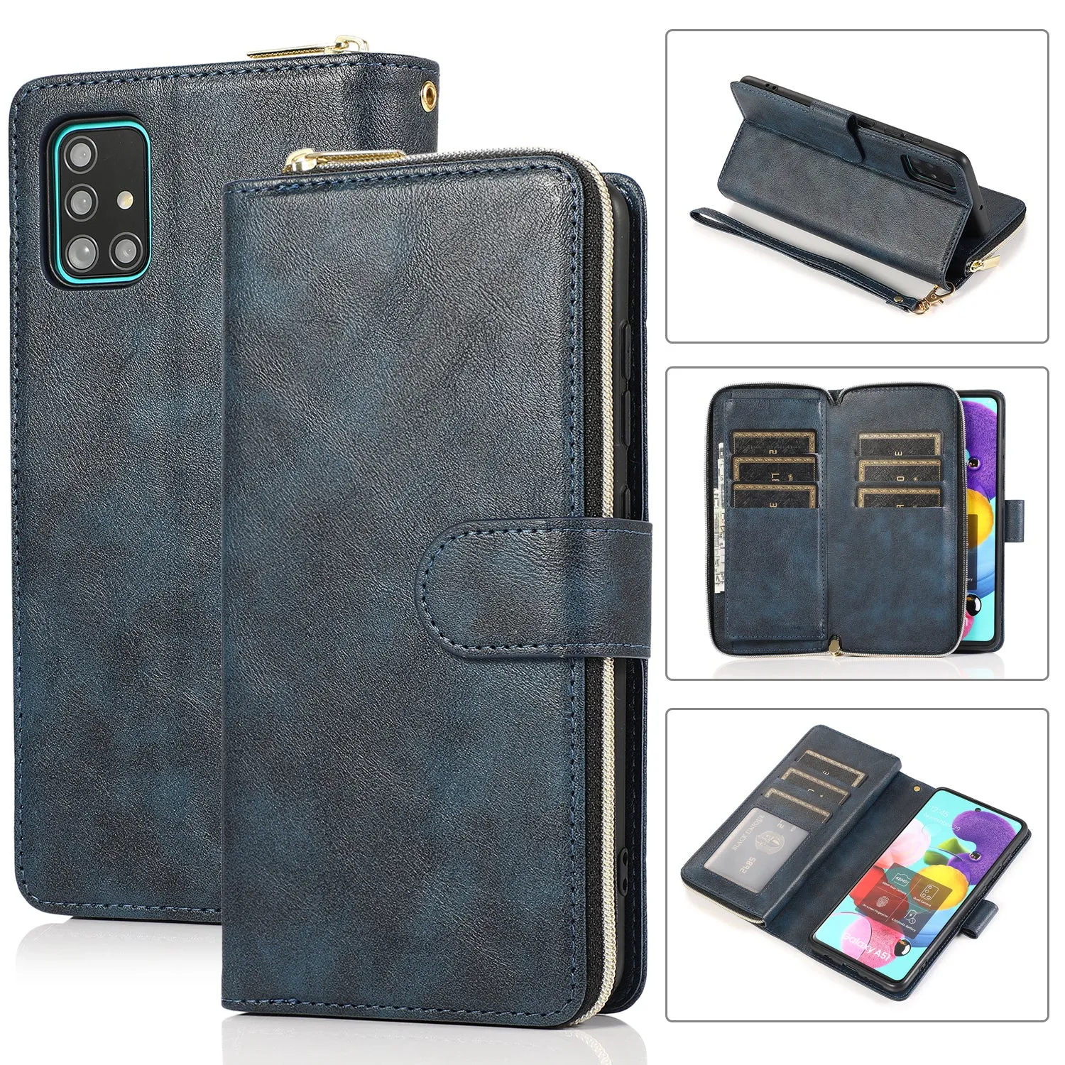 For Samsung A51 5G/A71 5G/Note 10 pro Pu Leather  Mobile Phone Cover Zipper Card Bag   Wrist Strap black