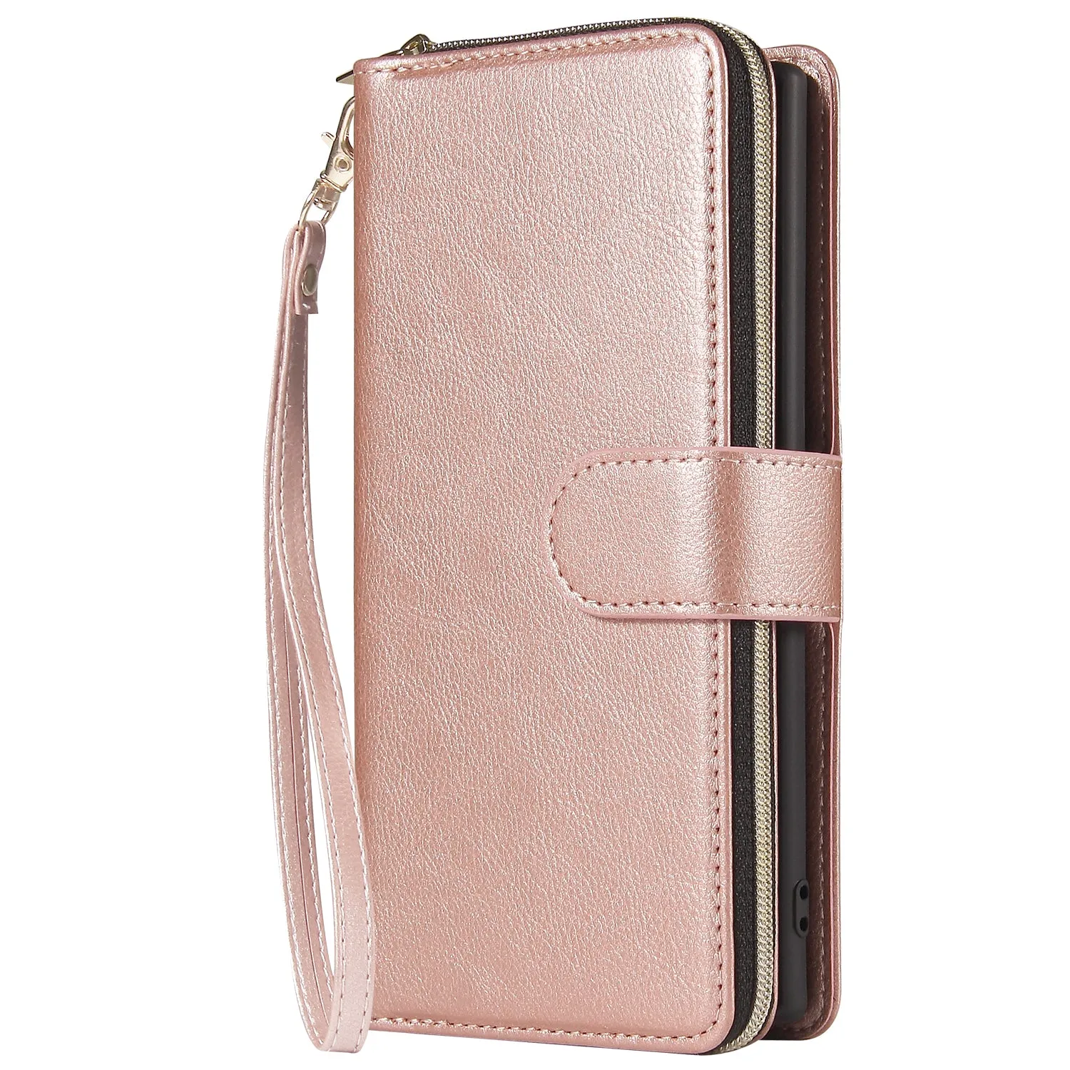 For Samsung A51 5G/A71 5G/Note 10 pro Pu Leather  Mobile Phone Cover Zipper Card Bag   Wrist Strap Rose gold