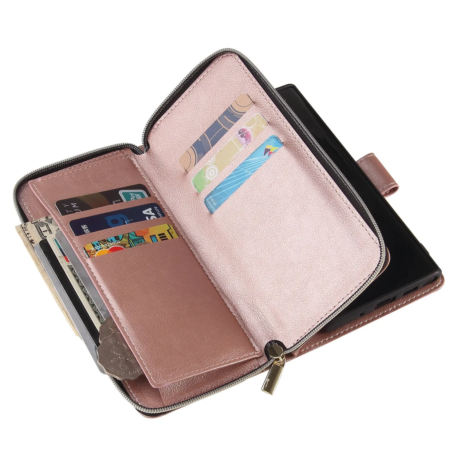 For Samsung A51 5G/A71 5G/Note 10 pro Pu Leather  Mobile Phone Cover Zipper Card Bag   Wrist Strap Rose gold