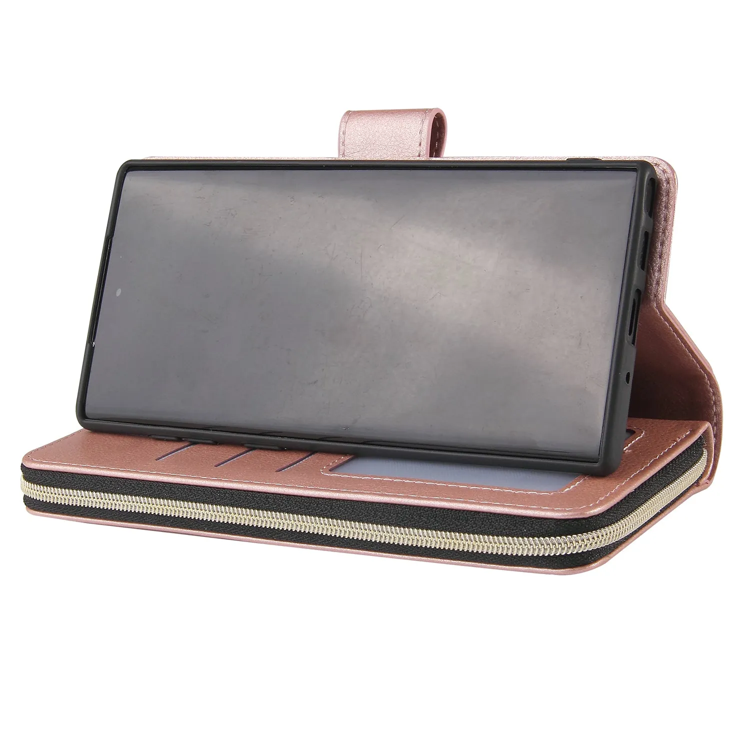 For Samsung A51 5G/A71 5G/Note 10 pro Pu Leather  Mobile Phone Cover Zipper Card Bag   Wrist Strap Rose gold