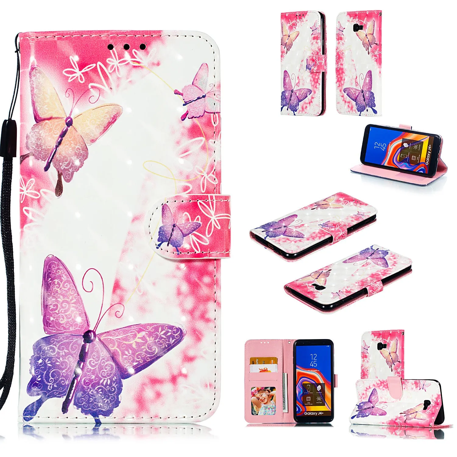 For Samsung J4 plus 2018 European Edition 3D Coloured Painted Full Protective Cover with Button Card Slots Bracket Lanyard Swallowtail butterfly