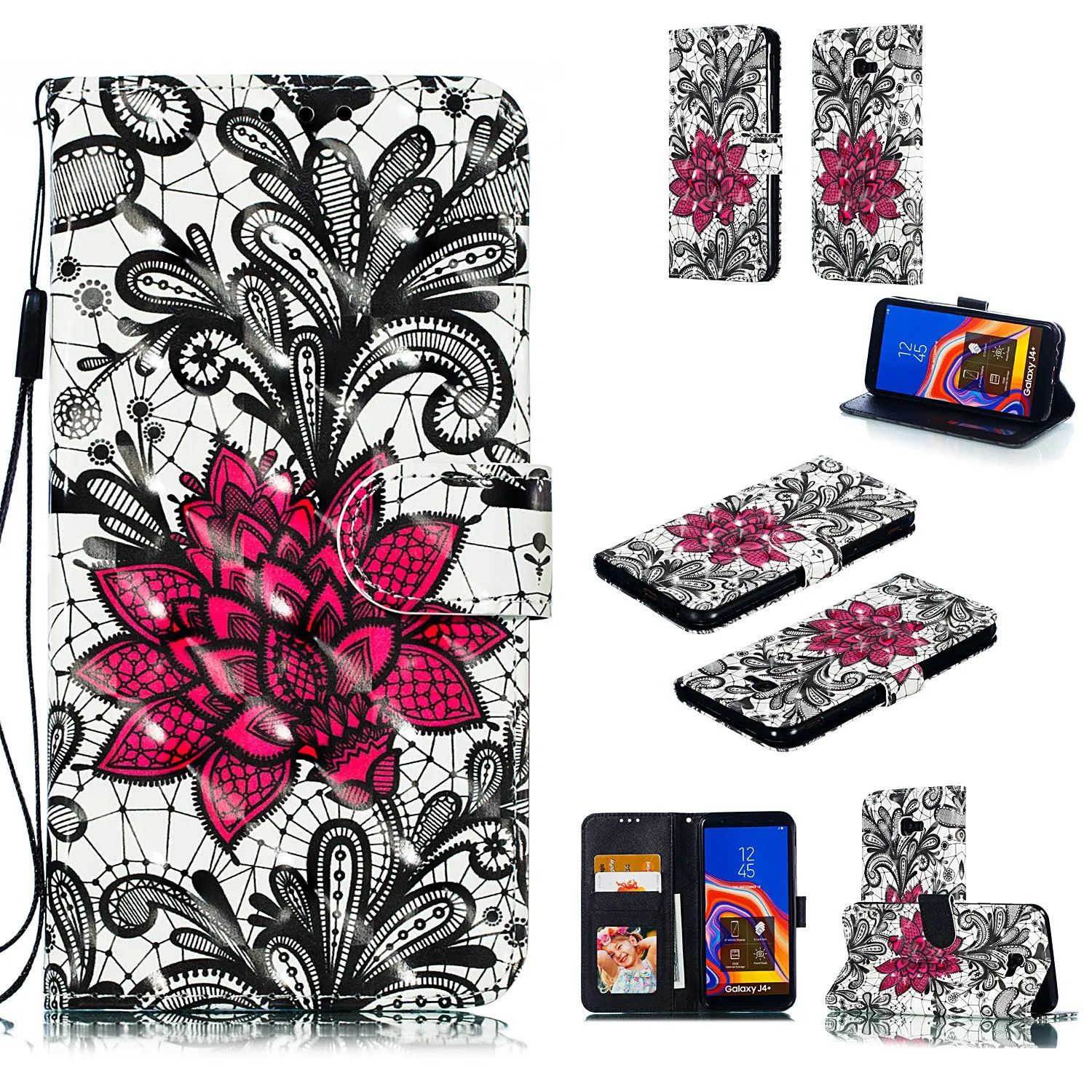 For Samsung J4 plus 2018 European Edition 3D Coloured Painted Full Protective Cover with Button Card Slots Bracket Lanyard Swallowtail butterfly