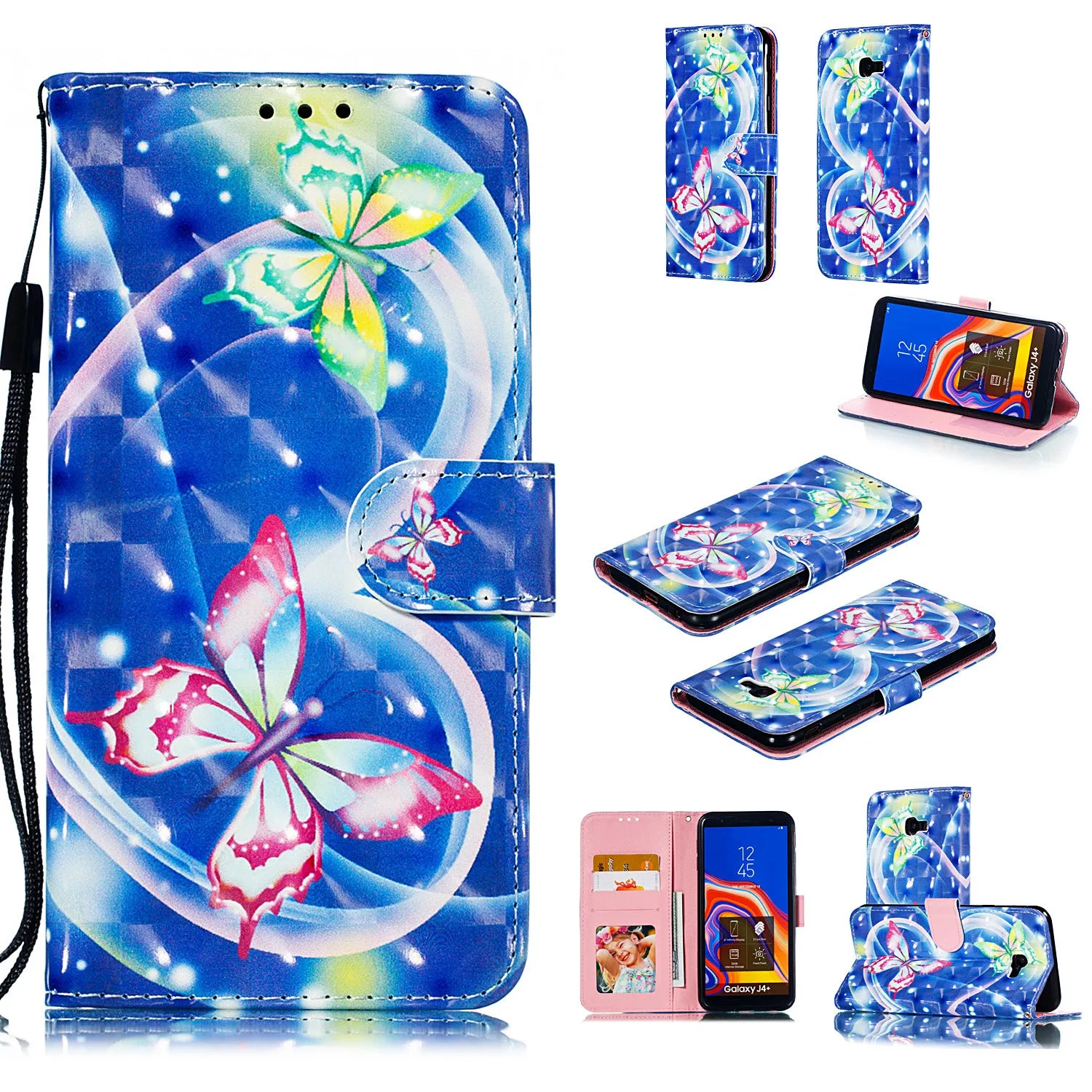 For Samsung J4 plus 2018 European Edition 3D Coloured Painted Full Protective Cover with Button Card Slots Bracket Lanyard Swallowtail butterfly