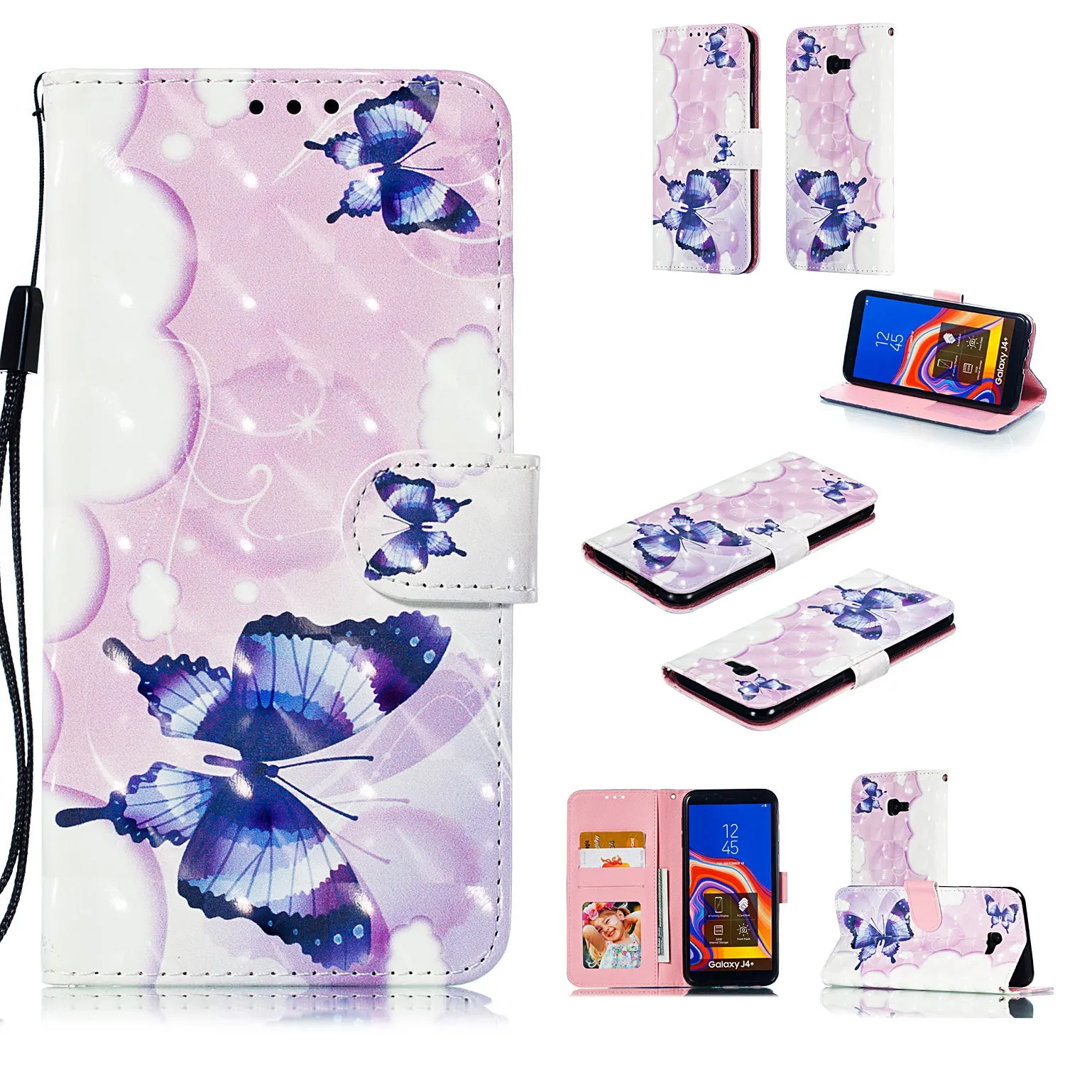 For Samsung J4 plus 2018 European Edition 3D Coloured Painted Full Protective Cover with Button Card Slots Bracket Lanyard Swallowtail butterfly