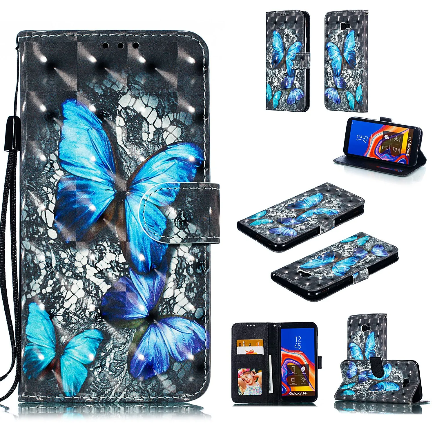 For Samsung J4 plus 2018 European Edition 3D Coloured Painted Full Protective Cover with Button Card Slots Bracket Lanyard Swallowtail butterfly