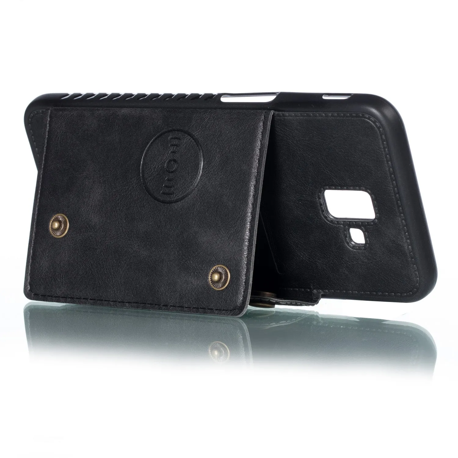 For Samsung J6 PLUS Double Buckle Non-slip Shockproof Cell Phone Case with Card Slot Bracket black