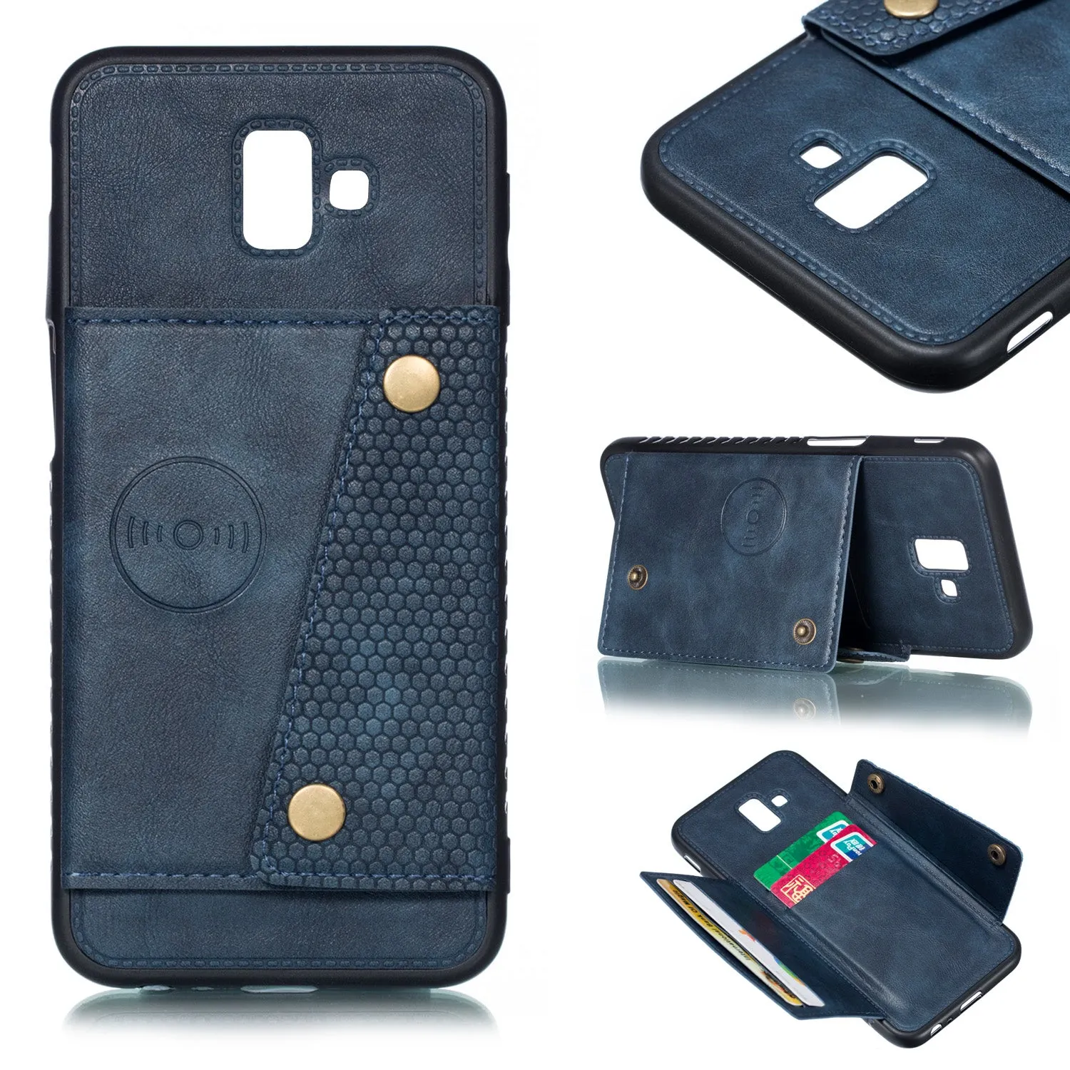 For Samsung J6 PLUS Double Buckle Non-slip Shockproof Cell Phone Case with Card Slot Bracket black