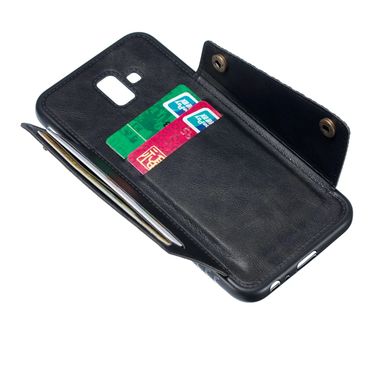 For Samsung J6 PLUS Double Buckle Non-slip Shockproof Cell Phone Case with Card Slot Bracket black