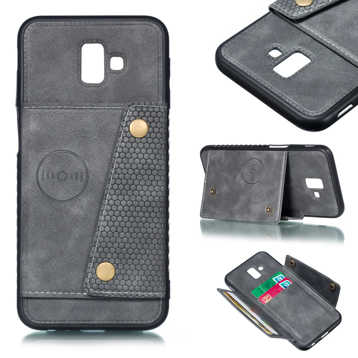 For Samsung J6 PLUS Double Buckle Non-slip Shockproof Cell Phone Case with Card Slot Bracket black