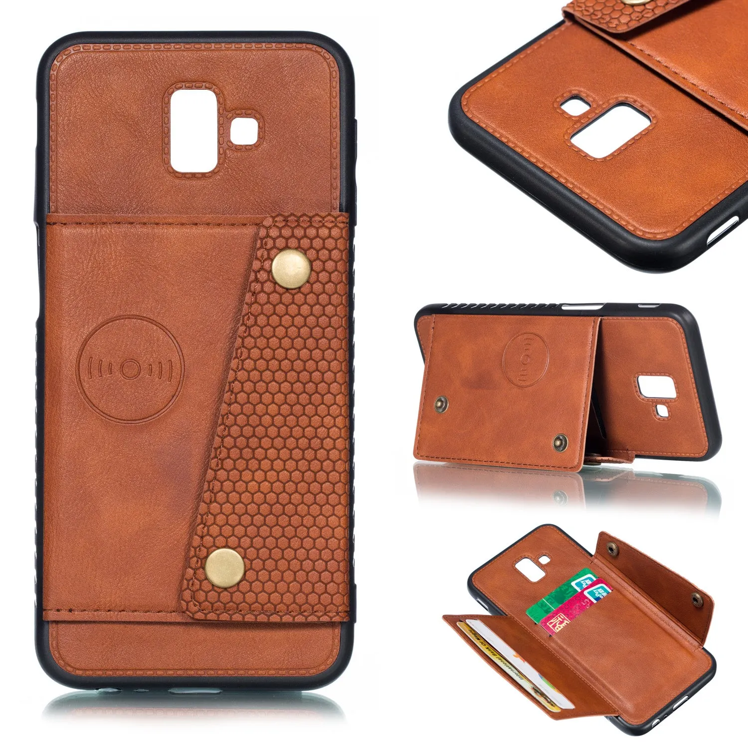 For Samsung J6 PLUS Double Buckle Non-slip Shockproof Cell Phone Case with Card Slot Bracket red