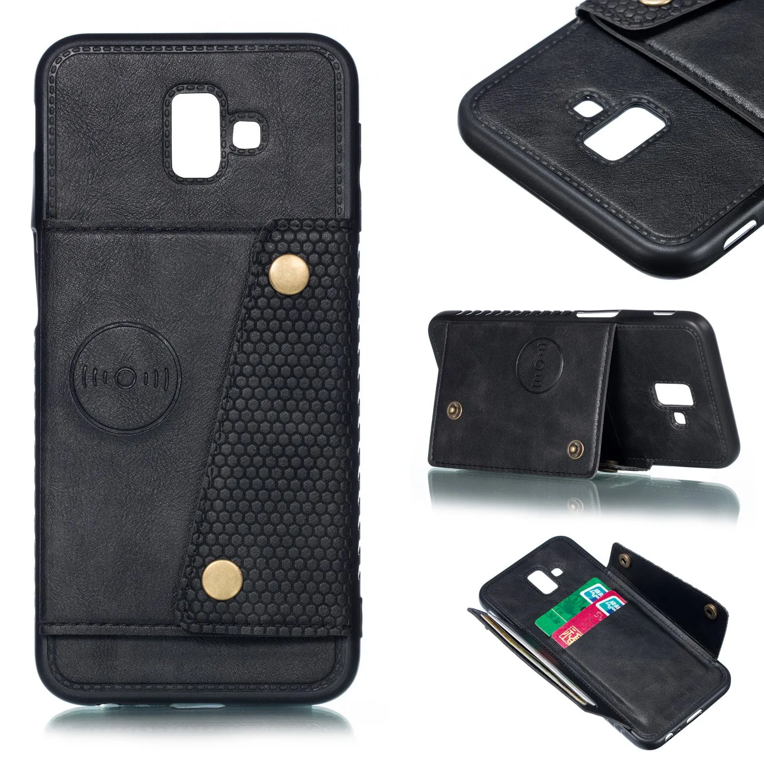 For Samsung J6 PLUS Double Buckle Non-slip Shockproof Cell Phone Case with Card Slot Bracket red