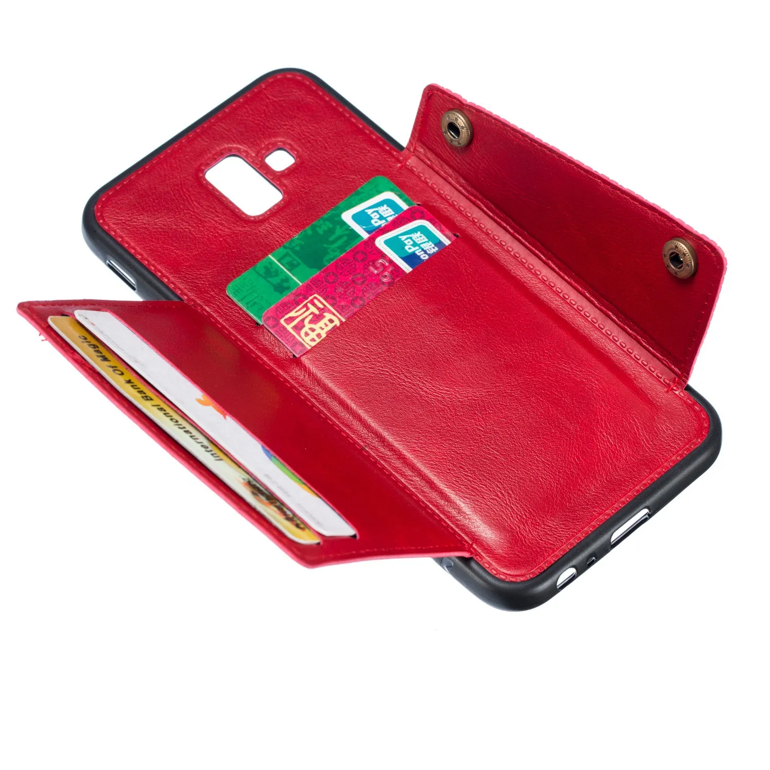 For Samsung J6 PLUS Double Buckle Non-slip Shockproof Cell Phone Case with Card Slot Bracket red