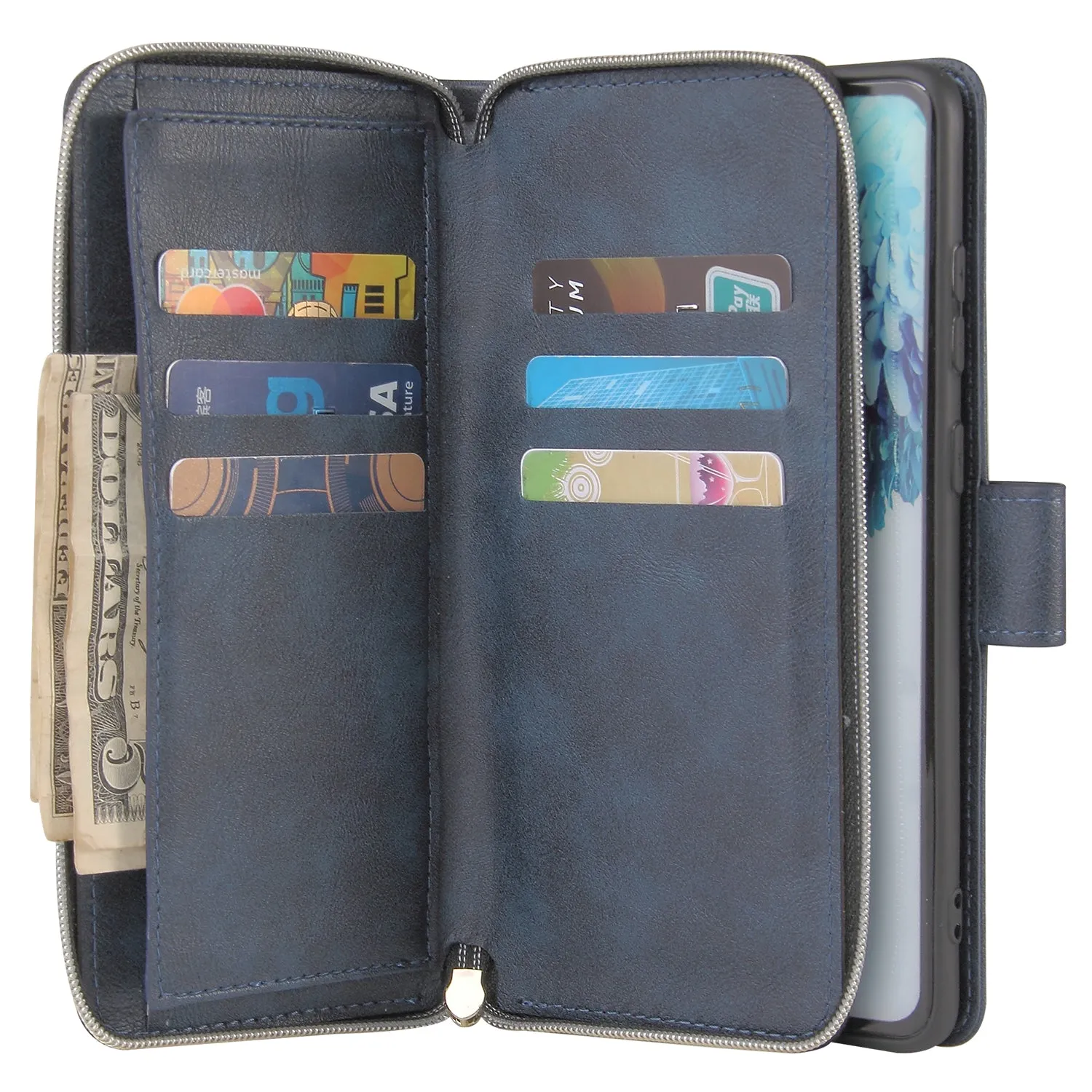 For Samsung S10/S20/S10E/ S10 Plus Pu Leather  Mobile Phone Cover Zipper Card Bag   Wrist Strap blue