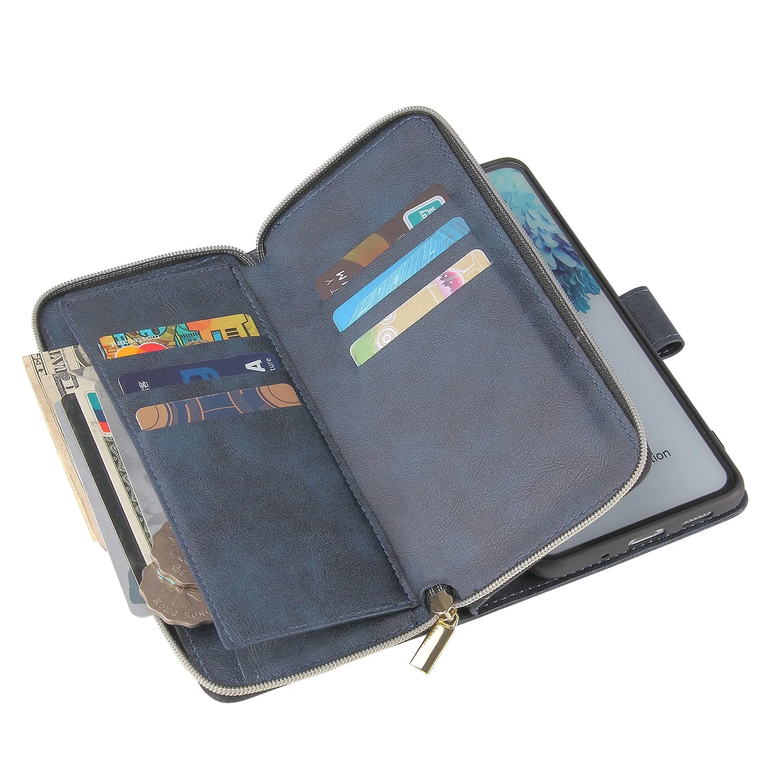 For Samsung S10/S20/S10E/ S10 Plus Pu Leather  Mobile Phone Cover Zipper Card Bag   Wrist Strap blue