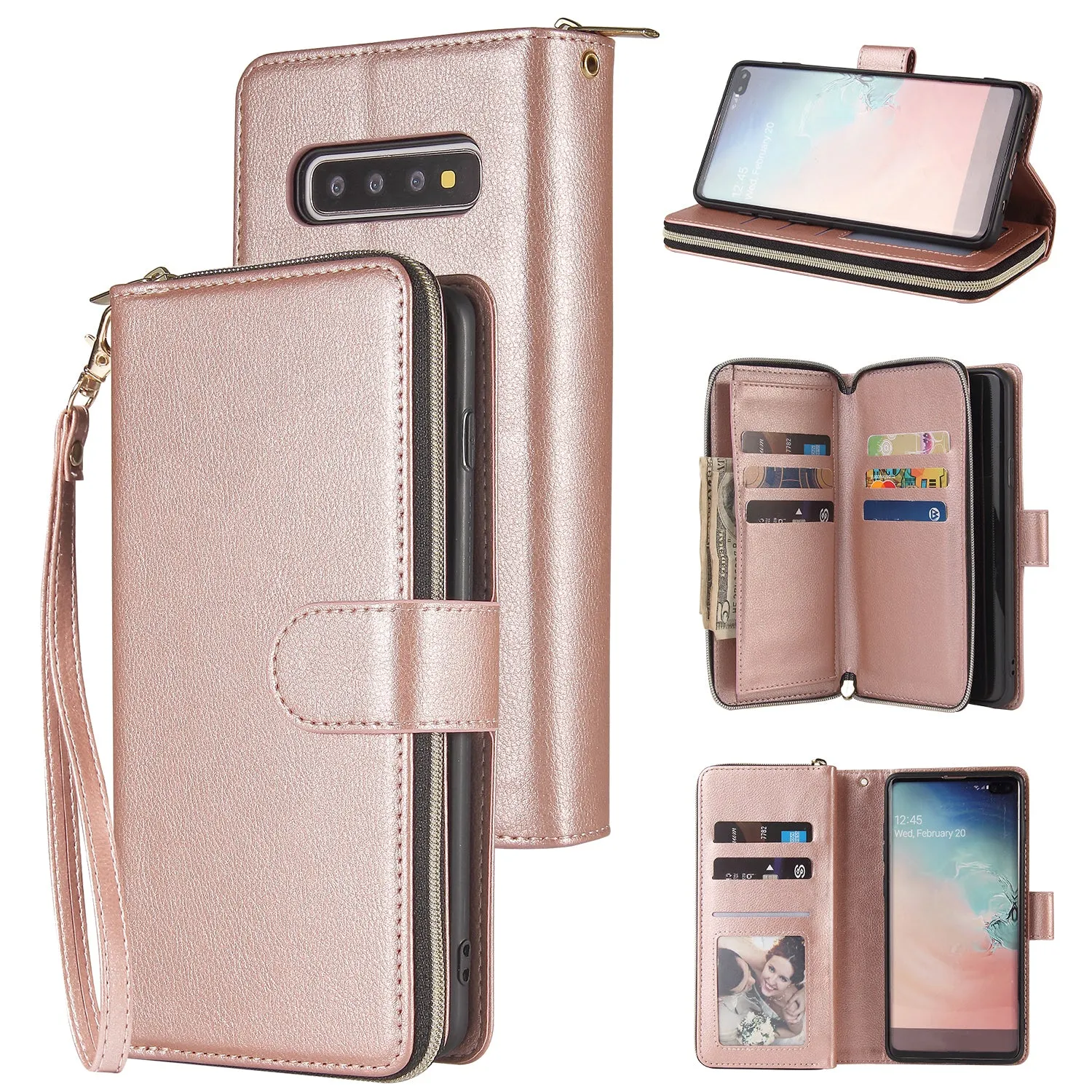 For Samsung S10/S20/S10E/ S10 Plus Pu Leather  Mobile Phone Cover Zipper Card Bag   Wrist Strap blue