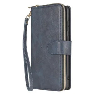 For Samsung S10/S20/S10E/ S10 Plus Pu Leather  Mobile Phone Cover Zipper Card Bag   Wrist Strap blue