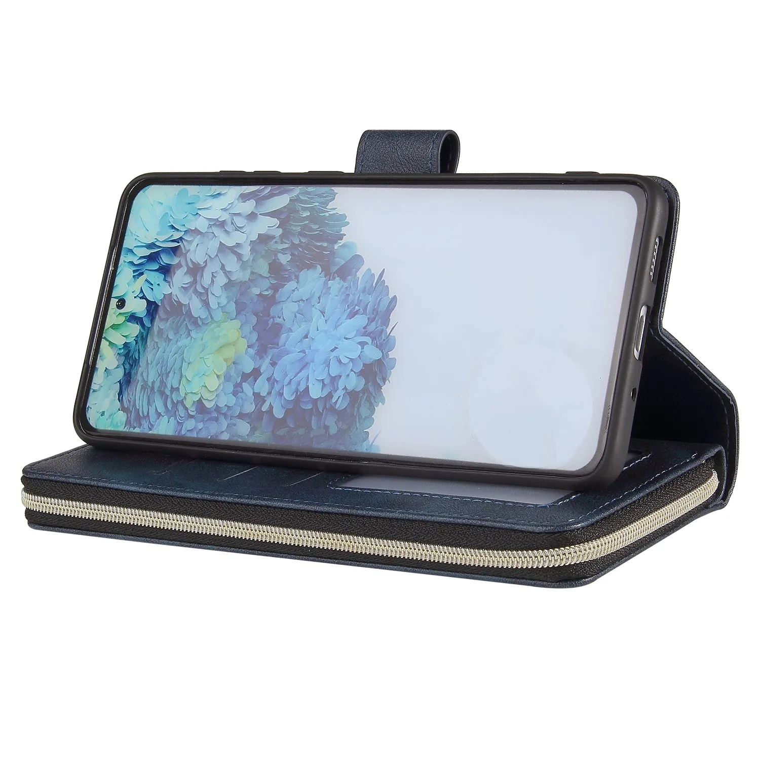For Samsung S10/S20/S10E/ S10 Plus Pu Leather  Mobile Phone Cover Zipper Card Bag   Wrist Strap blue